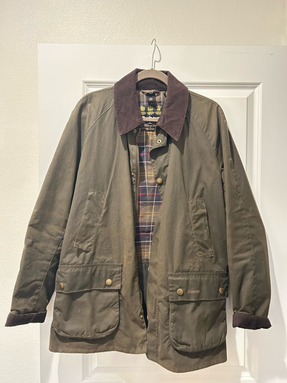 Barbour Olive Field Jacket with Brown Corduroy Collar